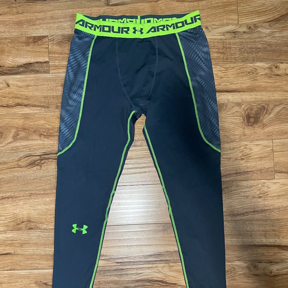 Under Armour UA Heatgear Compression Leggings Tights Neon Green Gray - Size 2XL